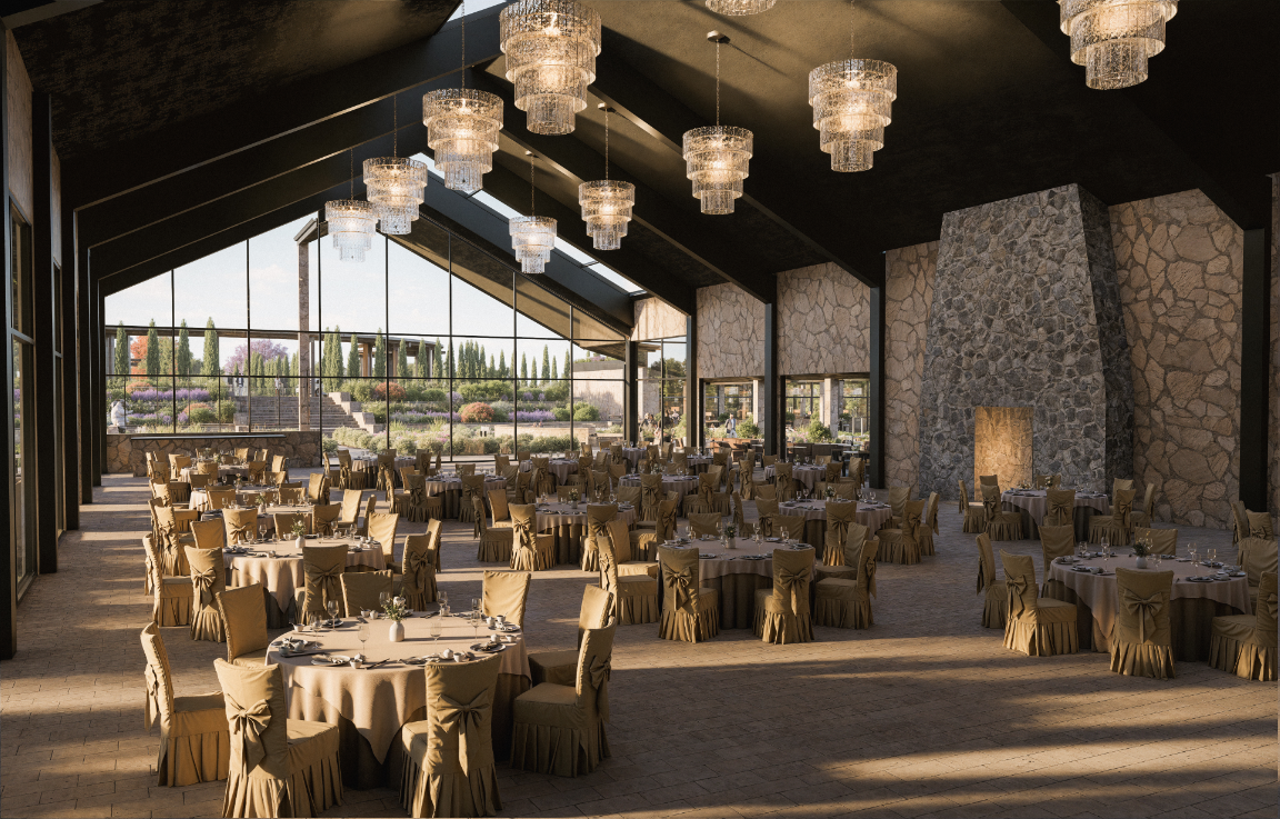 Sixty Six Vines-Canopy-3a The Canopy is a beautiful indoor space with high ceilings, wooden beams, chandeliers, and seating for up to 200 guests